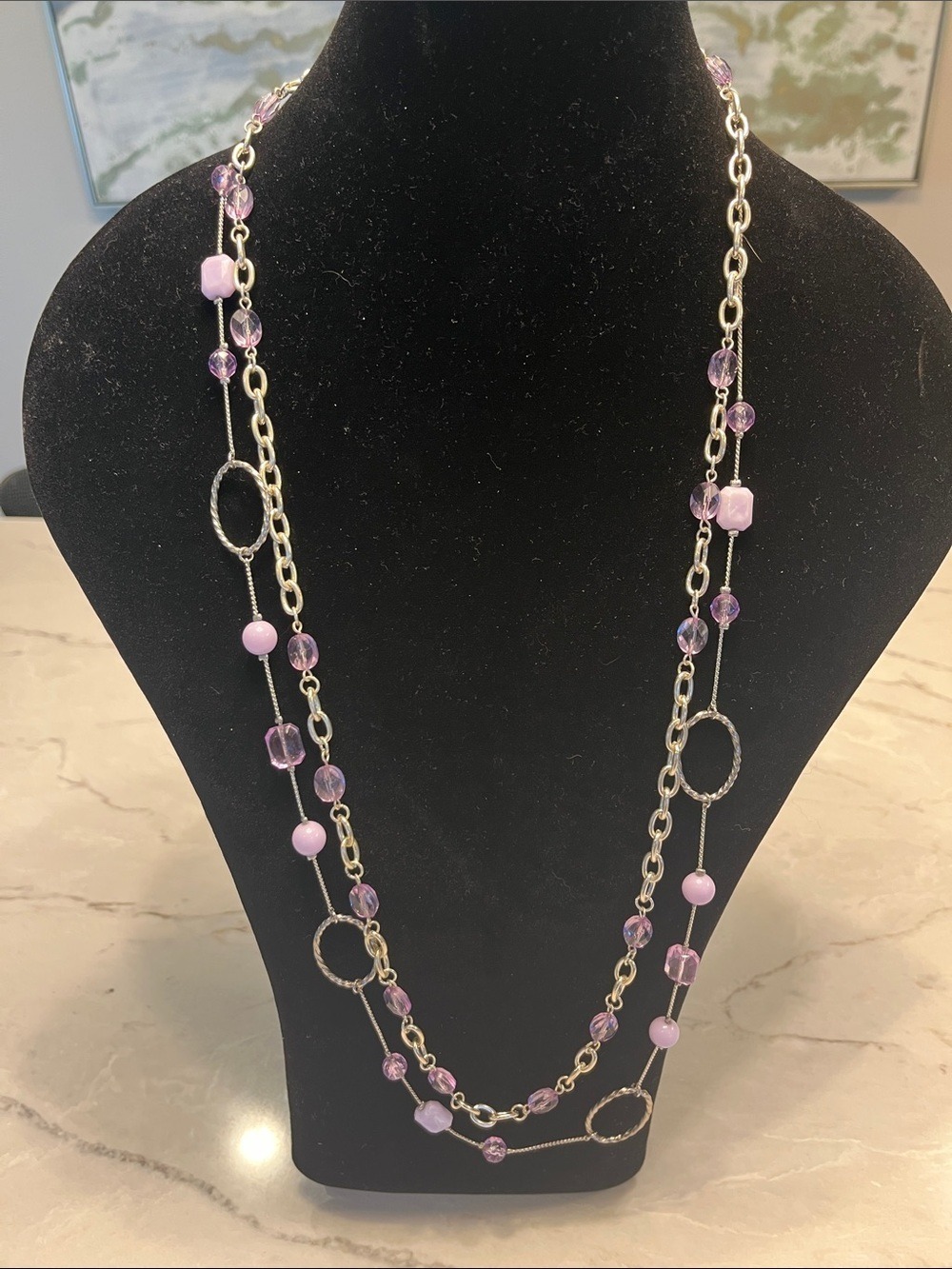 2 Lavender Bead & Silver Tone-Link Long Necklace - Women Jewelry